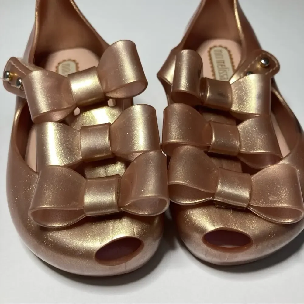 Mini Melissa Ultragirl Triple Bow Rose Gold Glitter Sparkly Dress Flats Shoes 7